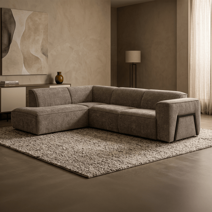 AMANDA Canapé d'angle en tissu taupe avec détail métal noir - Angle gauche