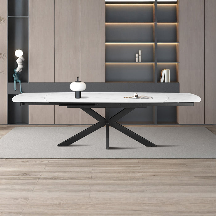 ARES Table à manger extensible en pierre frittée blanc et métal noir
