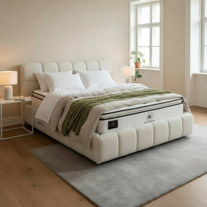 ARIONA Lit double en tissu beige avec coffre 180x200 cm