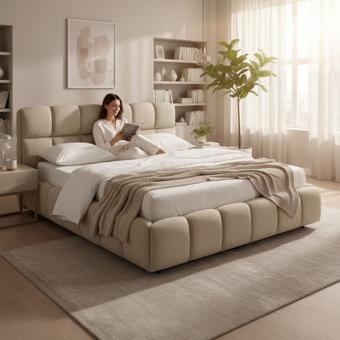 ARIONA Lit double en tissu taupe avec coffre 180x200 cm