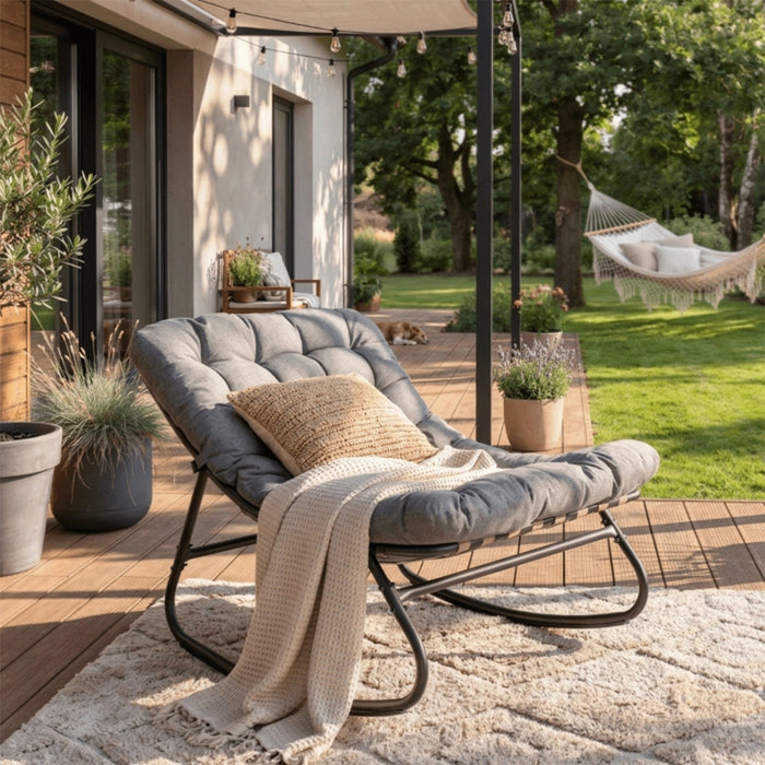 AURORA Fauteuil à bascule en tissu gris pieds en métal noir – Mobilier de jardin Mobilier Deco