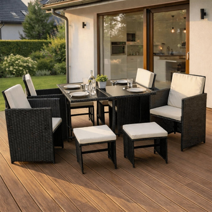 BONITO Ensemble de mobilier de jardin 8 places avec table en verre trempé noir – Mobilier de jardin Mobilier Deco