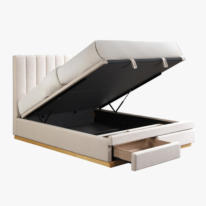 DANIEL Lit double en tissu beige avec coffre et 2 tiroirs 160x200 cm