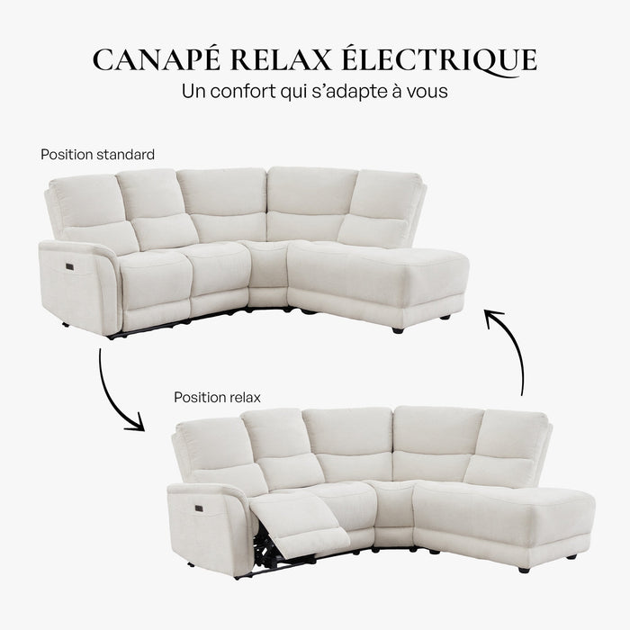DAVY Canapé d'angle relax électrique en tissu blanc écru - Angle droit