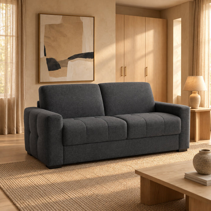 DYLANE Canapé 3 places convertible tissu capitonné gris anthracite matelas 22 cm – Canapés convertibles Mobilier Deco