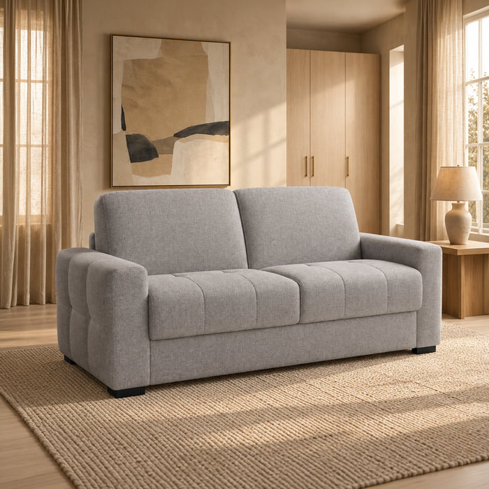 DYLANE Canapé 3 places convertible tissu capitonné gris clair matelas 22 cm – Canapés convertibles Mobilier Deco