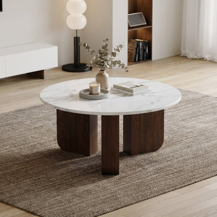 ELODIE - 60 Table basse ronde en marbre composite pieds couleur bois foncé D60 cm