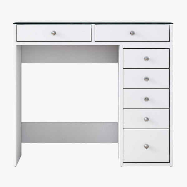 ELORIA Coiffeuse 7 tiroirs blanc avec plateau en verre