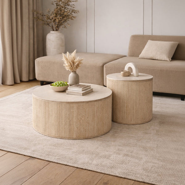 FARA Lot de 2 tables basses rondes plateau en céramique beige