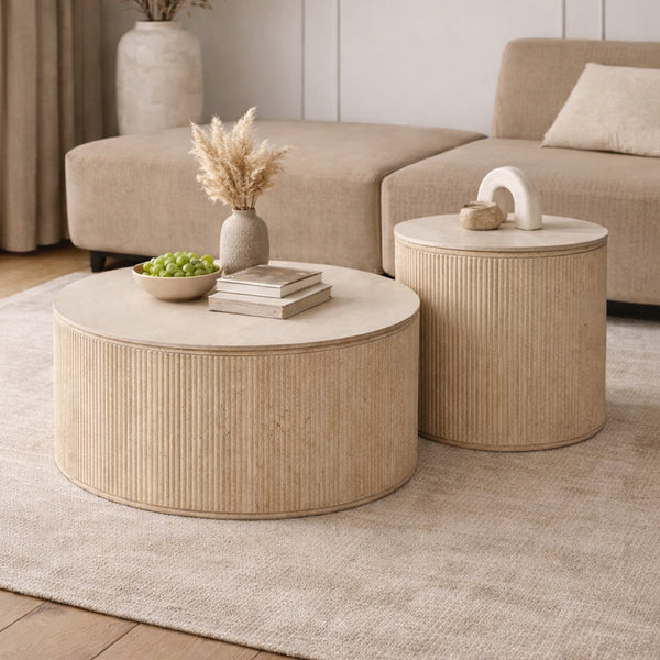 FARA Lot de 2 tables basses rondes plateau en céramique beige