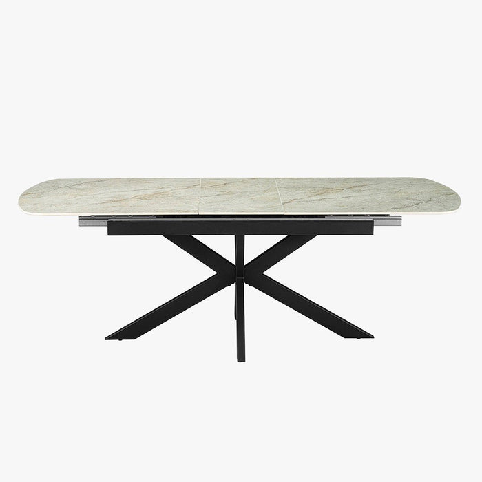 HESTIA Table extensible rectangulaire en pierre frittée beige pieds en métal noir 180-220 cm