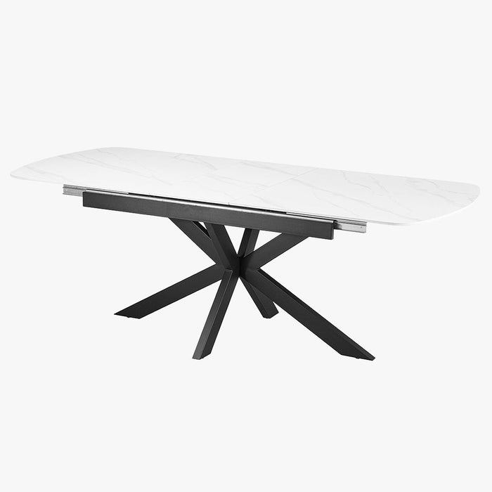 HESTIA Table extensible rectangulaire en pierre frittée blanc pieds en métal noir 180-220 cm