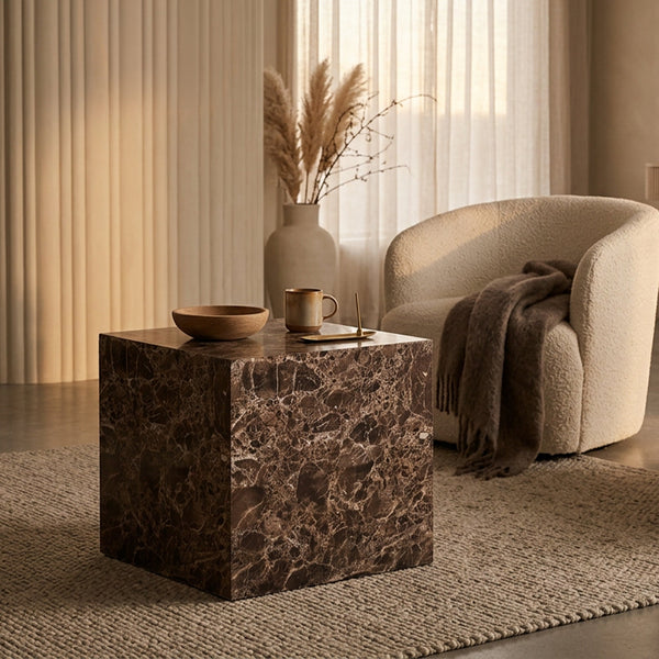 JASMIA Table basse carré en marbre d'ingénierie marron