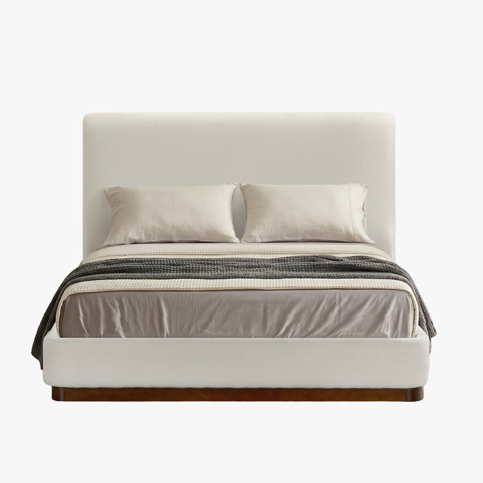 JODIE Lit double en tissu beige et bois foncé 140x190 cm