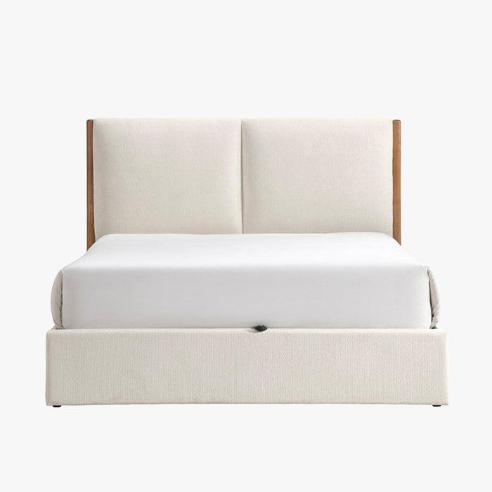 JUNA Lit double en tissu beige et bois avec coffre 140x190 cm
