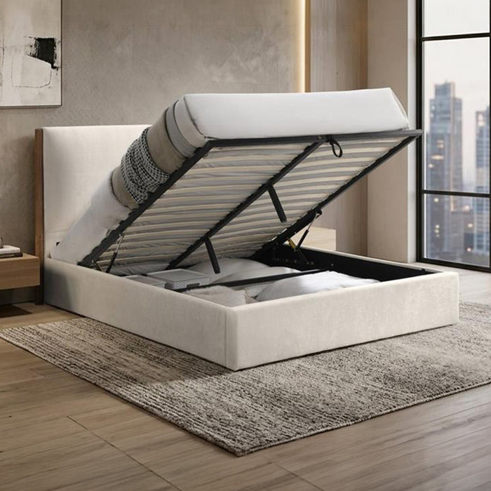 JUNA Lit double en tissu beige et bois avec coffre 180x200 cm