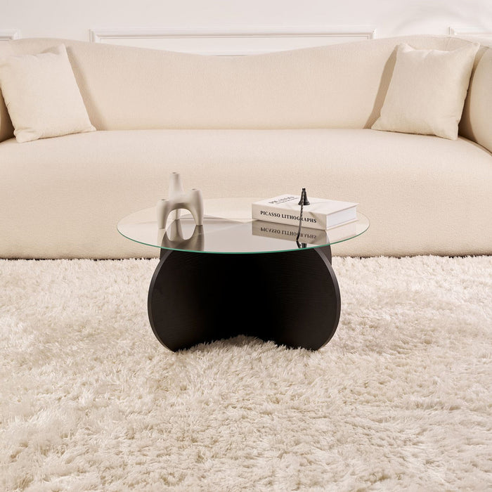 LILY Table basse ronde en verre piètement couleur bois noir D75 cm