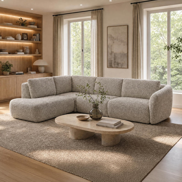 LINDA Canapé d'angle modulable en tissu beige et vert - Angle gauche
