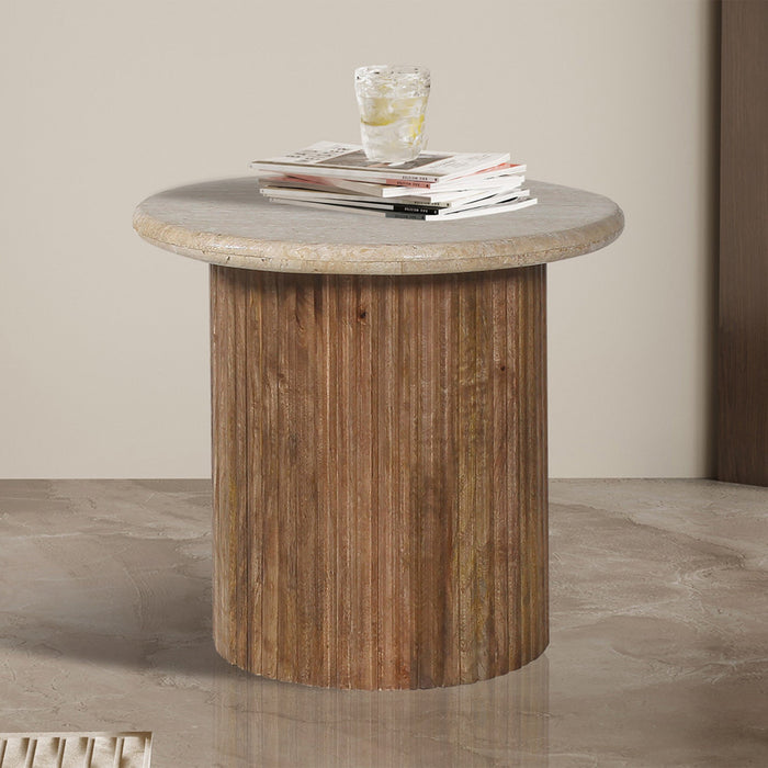LOUIS Table d'appoint en travertin et bois de manguier 50 cm