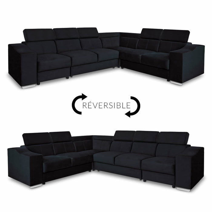 LUCKY Canapé d’angle convertible réversible en tissu velours noir