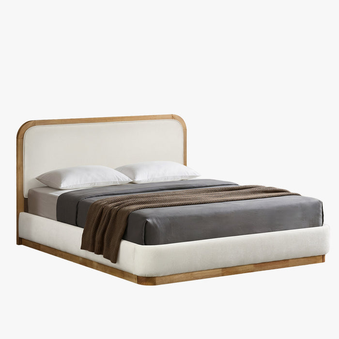 MONA Lit double en tissu beige et bois clair 140x190 cm