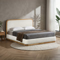 MONA Lit double en tissu beige et bois clair 180x200 cm