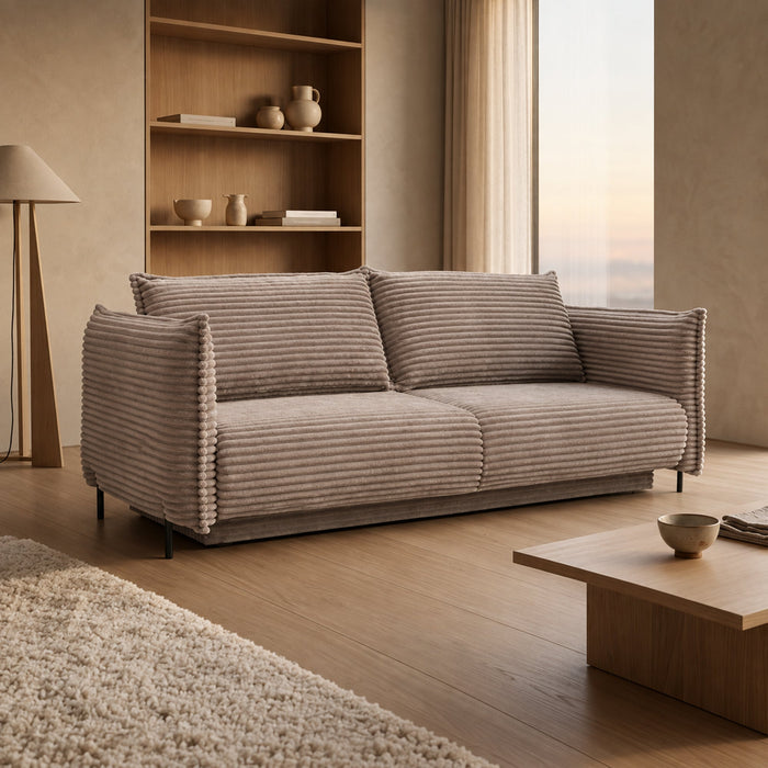 MONICA Canapé 3 places convertible avec coffre velours gros côtelé taupe – Canapés convertibles Mobilier Deco