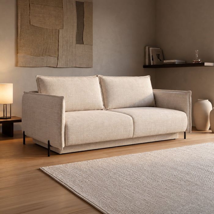 MONICA TISSU Canapé 3 places convertible avec coffre en tissu beige – Canapés convertibles Mobilier Deco