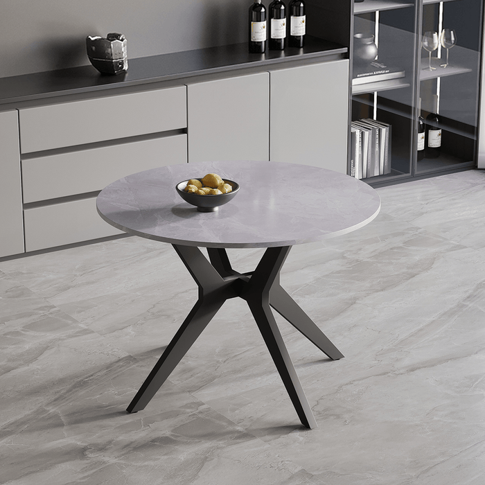 MONNA Table à manger ronde pierre frittée gris piètement en métal noir