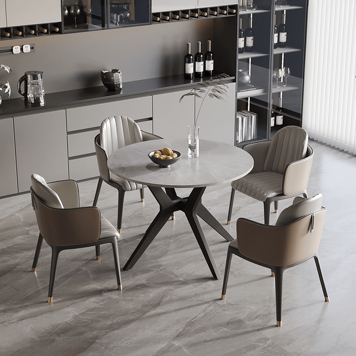 MONNA Table à manger ronde pierre frittée gris piètement en métal noir
