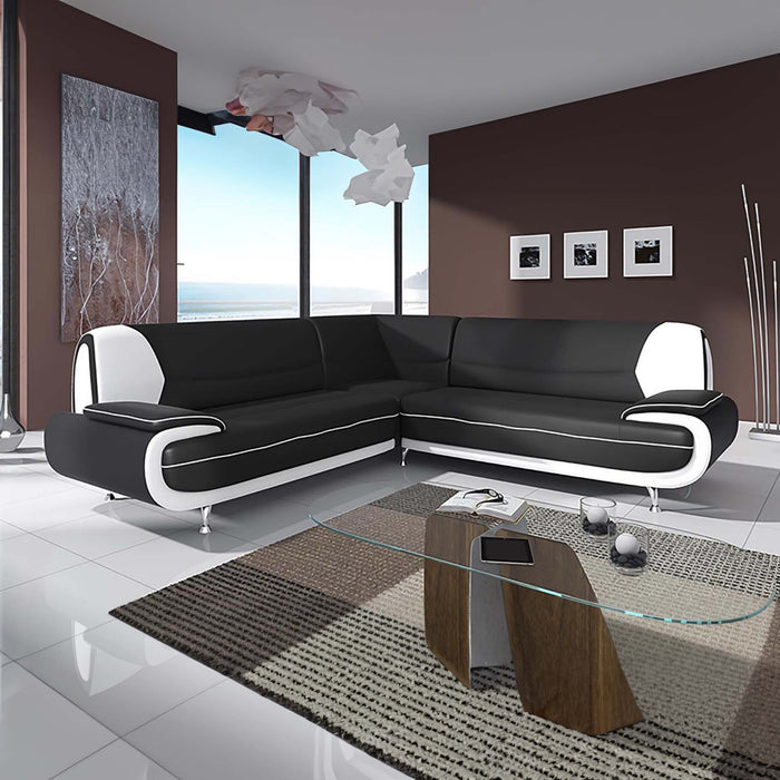 MUZA Canapé d'angle design en simili cuir noir et blanc