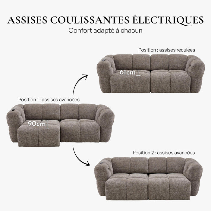 NALA Canapé 3 places relax électrique avec assises coulissantes en tissu taupe