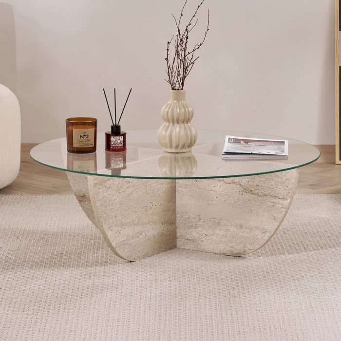 NESIA Table basse en verre piètement beige D90 cm