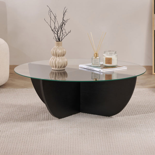 NESIA Table basse en verre piètement couleur bois noir D90 cm