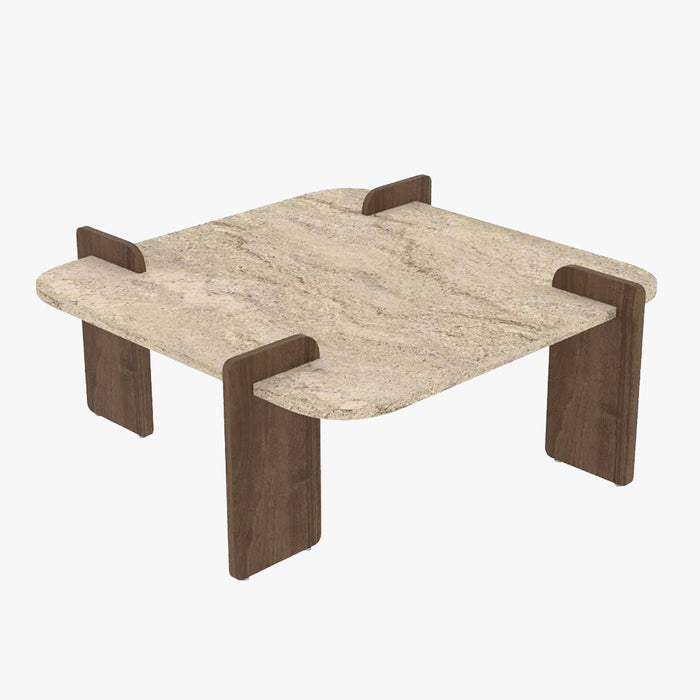 OFELI Table basse carrée beige piètement couleur bois foncé 90 cm