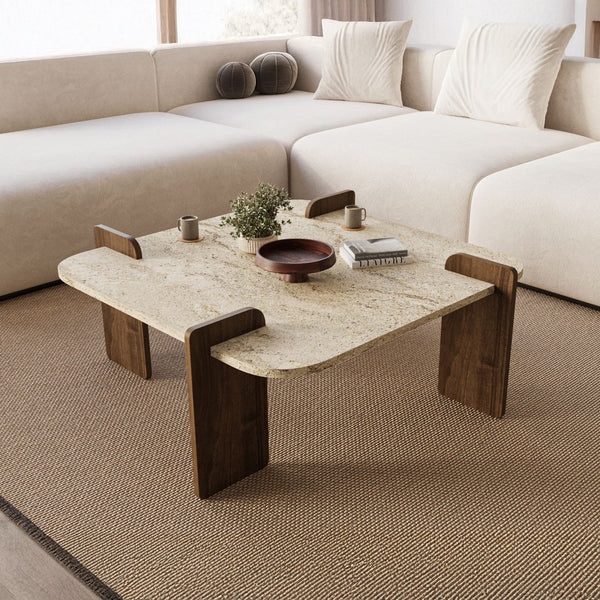 OFELI Table basse carrée beige piètement couleur bois foncé 90 cm