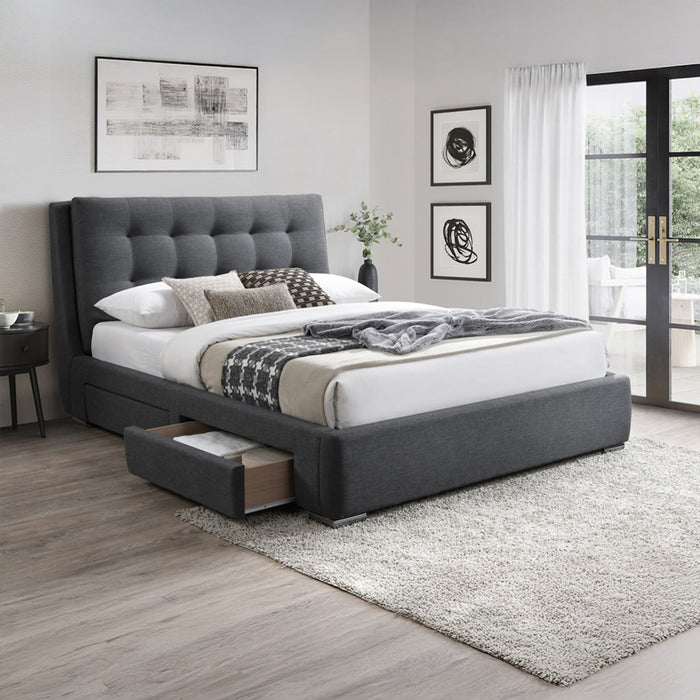 RODRIGO Lit double en tissu gris foncé avec 2 tiroirs 140x190 cm
