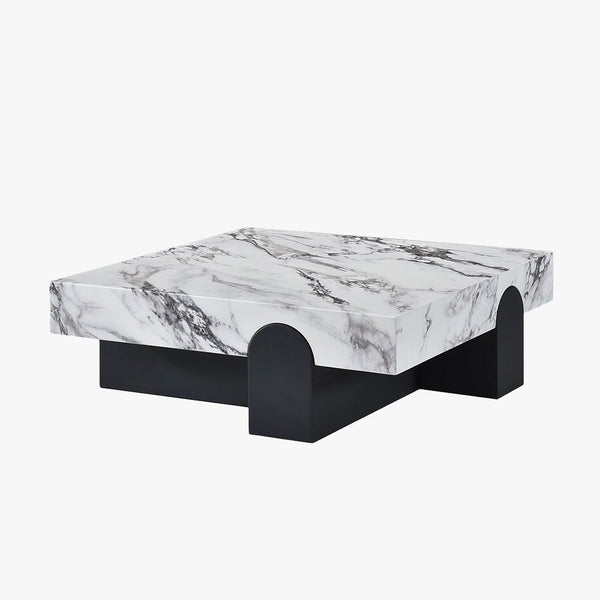 RUYA Table basse carrée marbre d'ingénierie blanc socle noir