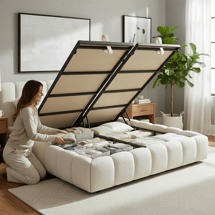 SAPHIRA Lit double en tissu beige avec coffre 140x190 cm