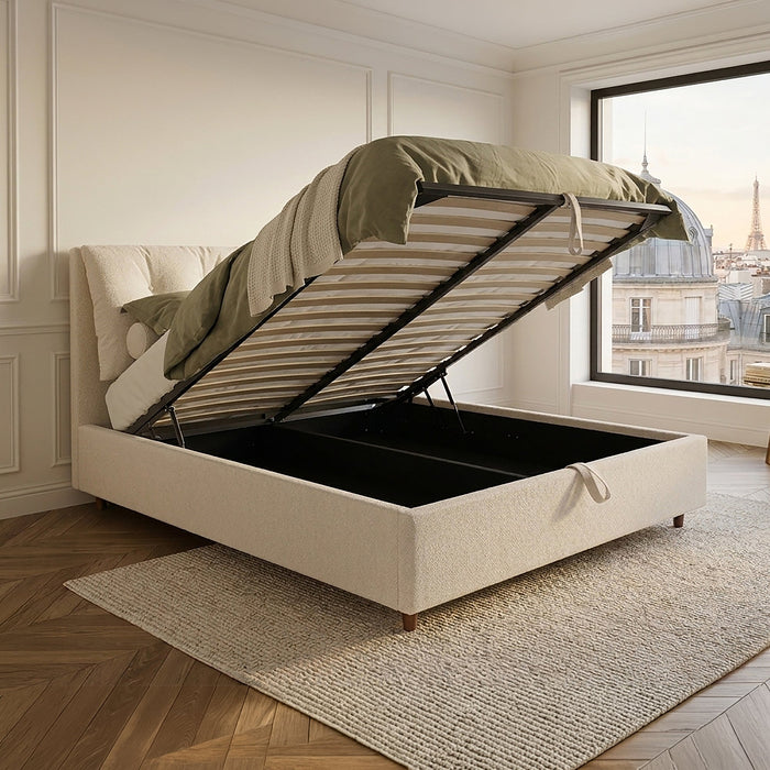 SORA Lit double en tissu beige avec coffre 140x190 cm