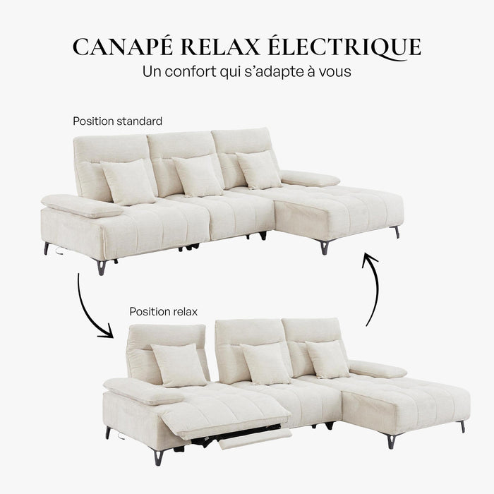 TIAM Canapé d'angle relax électrique en tissu matelassé beige - Angle droit