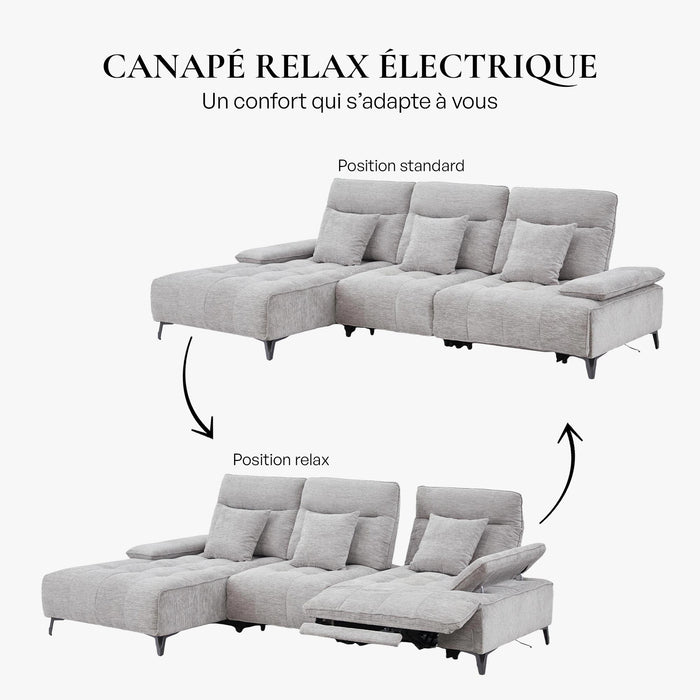 TIAM Canapé d'angle relax électrique en tissu matelassé gris - Angle gauche