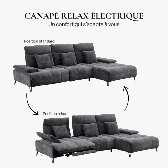 TIAM Canapé d'angle relax électrique en tissu matelassé noir - Angle droit