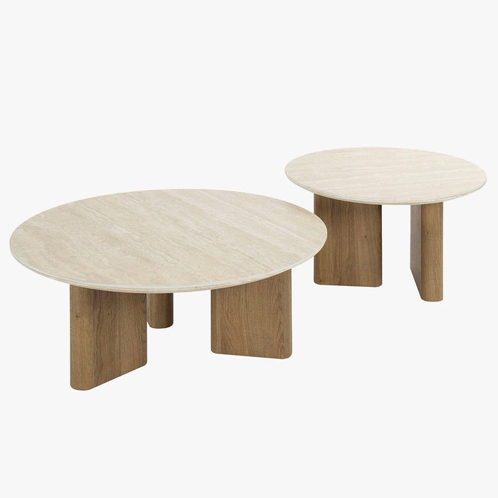 TIANA ROND Lot de 2 tables basses rondes en céramique beige pieds couleur chêne