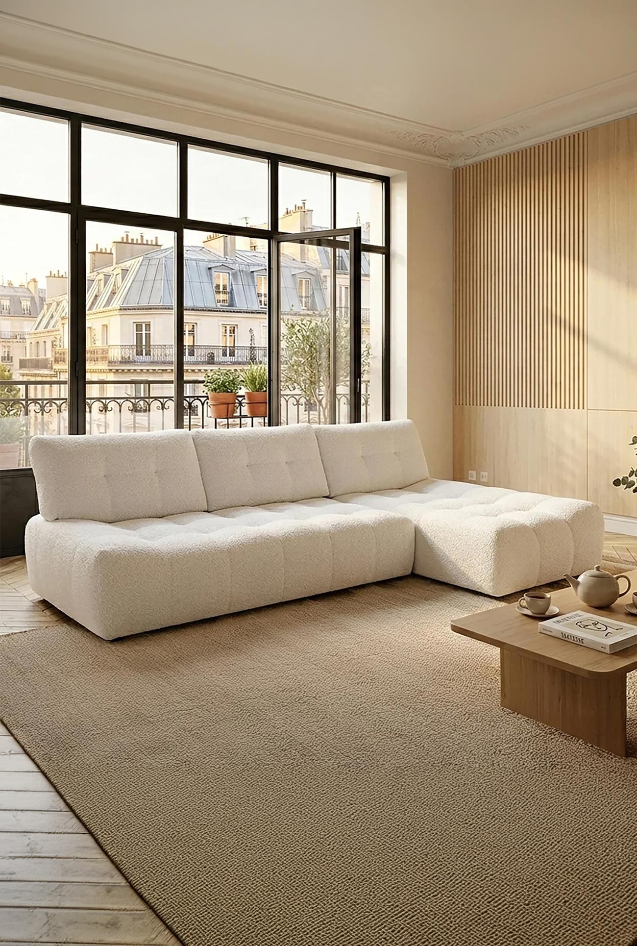 DALIA - Canapés d'angle avec dossier amovible en tissu écru - Mobilier Deco