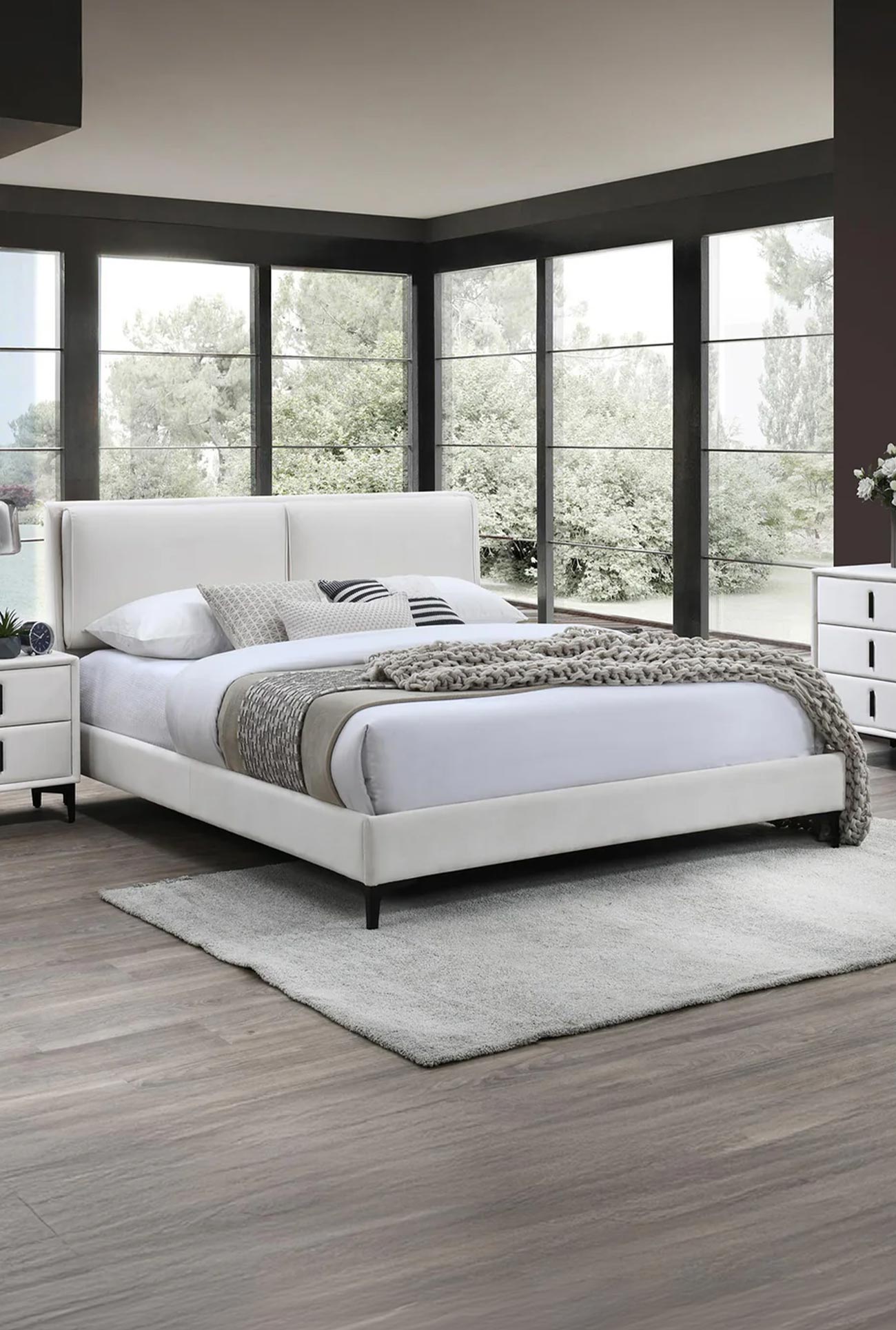 DAYNA - Lit double et table de chevet en velours écru - Mobilier Deco