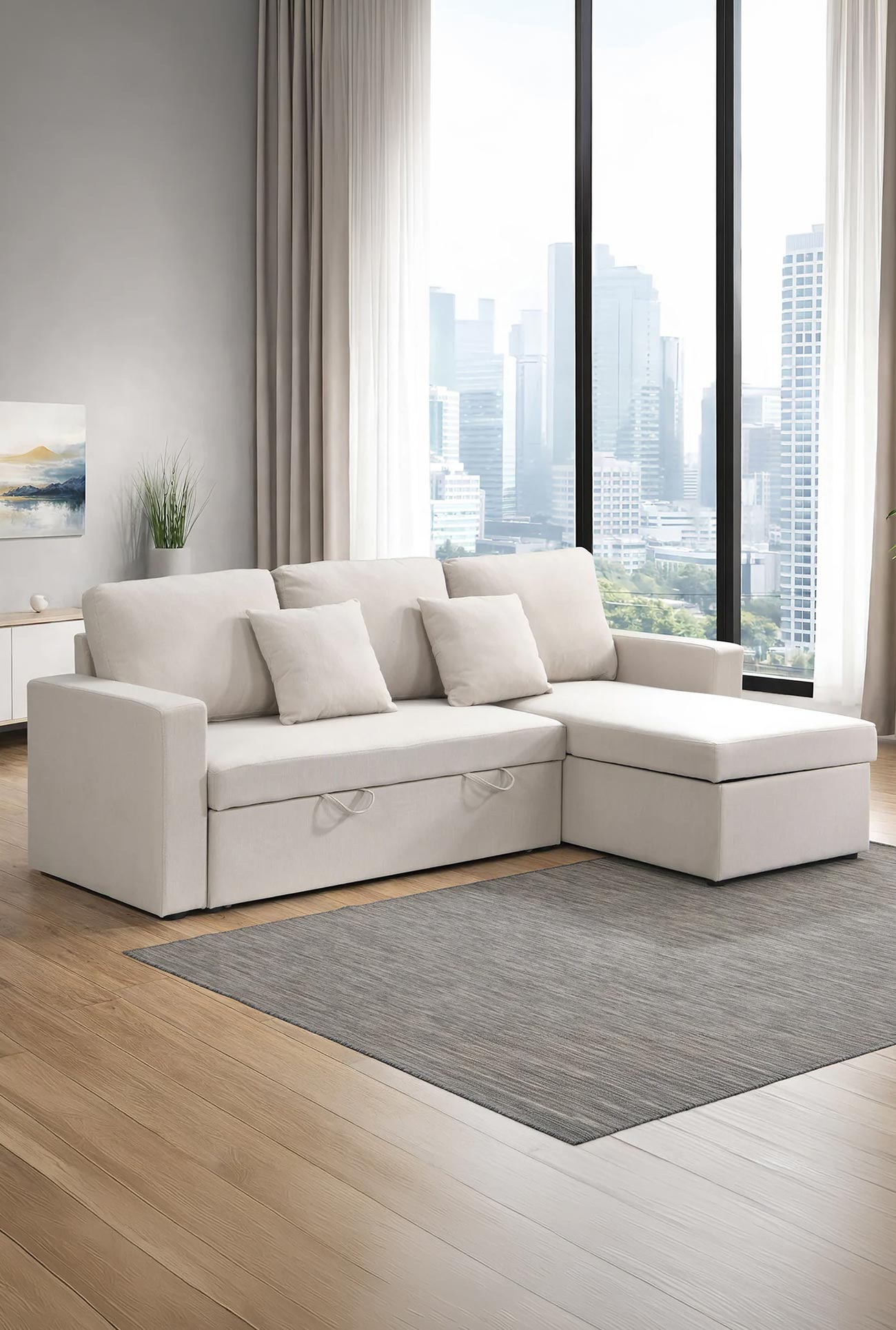 DORIA - Canapés d'angle convertibles réversibles avec coffre en tissu - Mobilier Deco