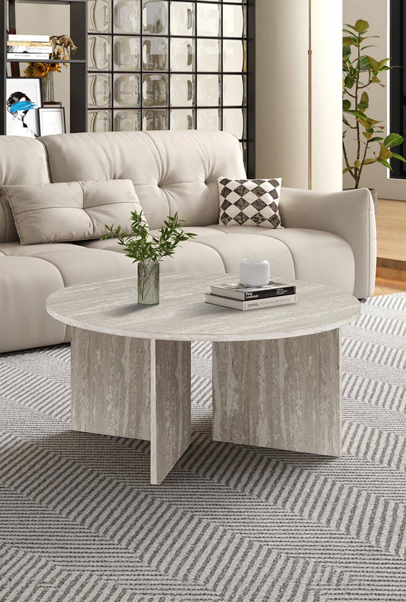 DRASIR - Tables basses rondes couleur travertin - Mobilier Deco
