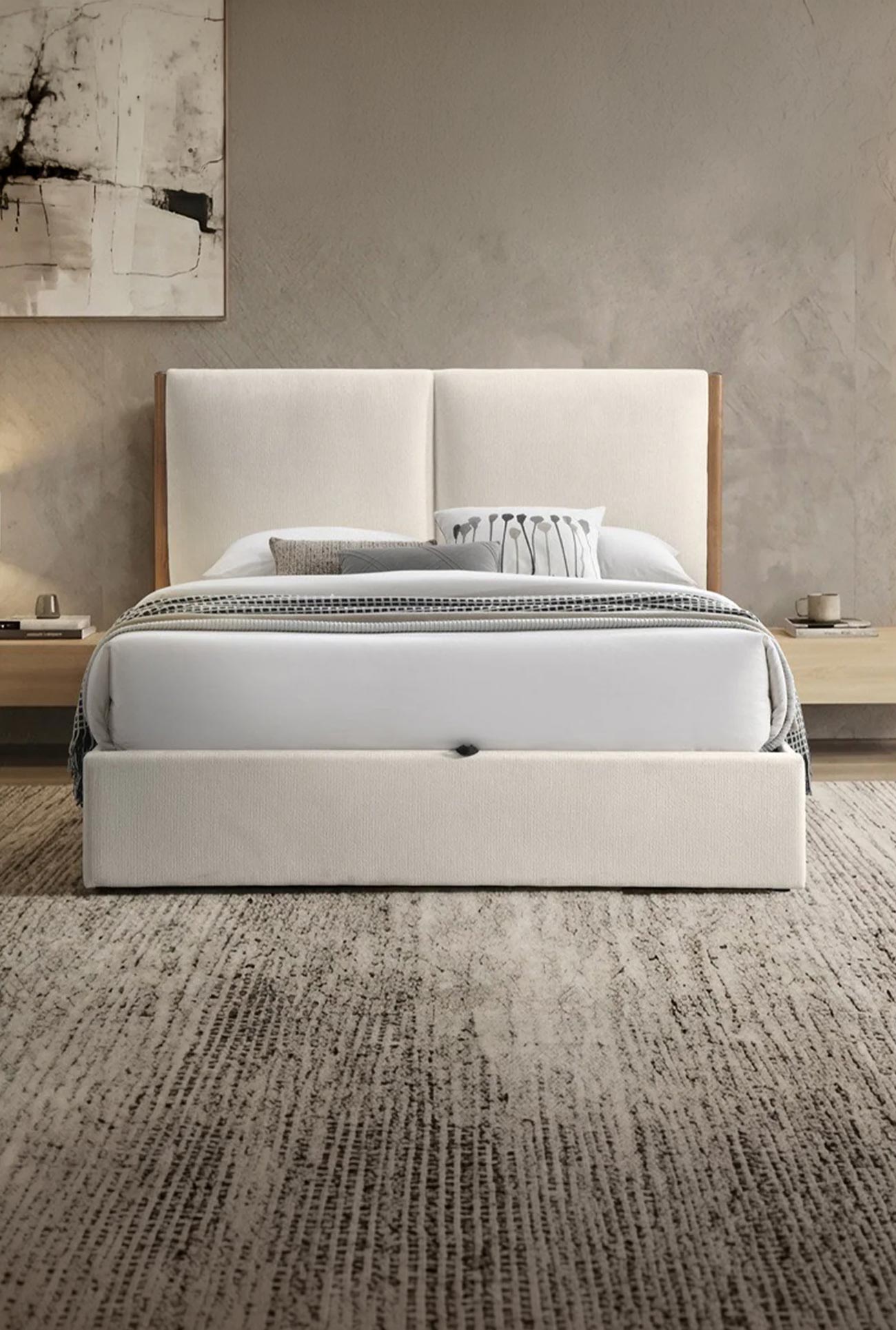JUNA - Lits doubles en tissu beige et bois avec coffre - Mobilier Deco