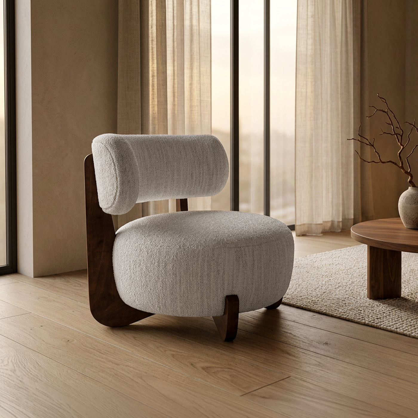 ESTER Fauteuil en tissu blanc écru pieds en bois foncé